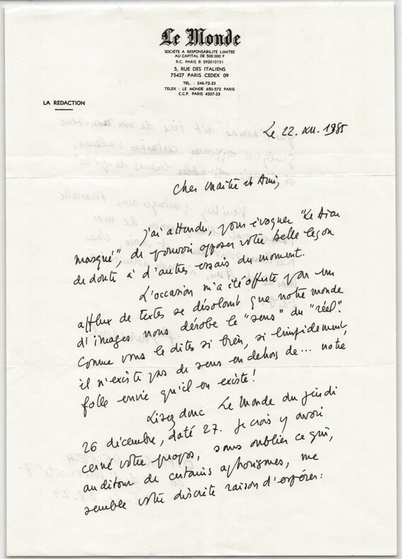 Bertrand Poirot-Delpech - Lettre autographe sign&eacute;e sur la revue "Le Monde" 1985. Bertrand Poirot-Delpech