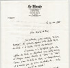 Bertrand Poirot-Delpech - Lettre autographe sign&eacute;e sur la revue "Le Monde" 1985. Bertrand Poirot-Delpech