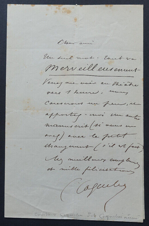 LETTRE AUTOGRAPHE SIGN&Eacute;E. Ernest COQUELIN dit COQUELIN CADET