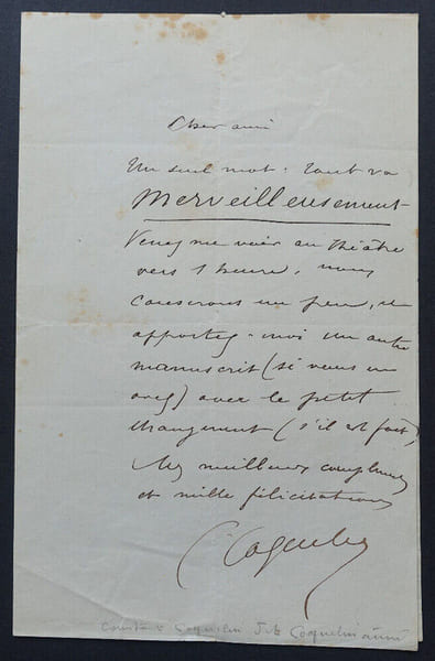 LETTRE AUTOGRAPHE SIGN&Eacute;E. Ernest COQUELIN dit COQUELIN CADET