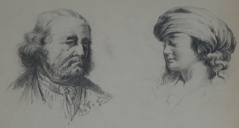 Belle paire de dessins originaux au crayon - &Eacute;tude de deux visages sign&eacute;e A.T.. A.T.