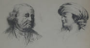 Belle paire de dessins originaux au crayon - &Eacute;tude de deux visages sign&eacute;e A.T.. A.T.
