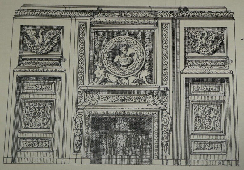 Chemin&eacute;e du milieu du XVIIe si&egrave;cle (d'apr&egrave;s Lepautre) — Dessin original sign&eacute;, encre vers 1930. Louis Henri Laffill&eacute;e
