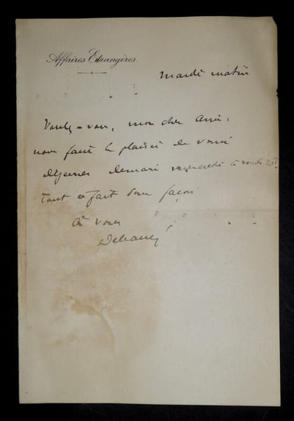 DELCASSE Th&eacute;ophile LETTRE AUTOGRAPHE SIGN&Eacute;E, AFFAIRES &Eacute;TRANG&Egrave;RES. Th&eacute;ophile Delcass&eacute;