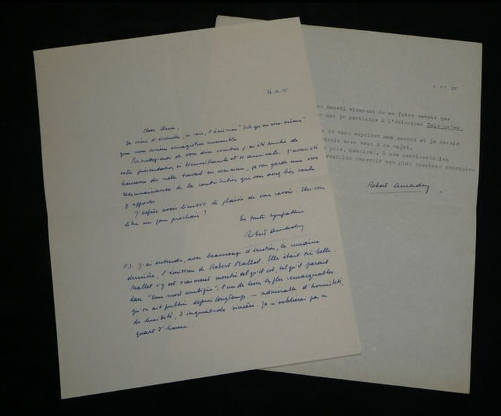 Robert Amadou, Lettre autographe sign&eacute;e et lettre dactylographi&eacute;e sur &eacute;mission. Robert Amadou