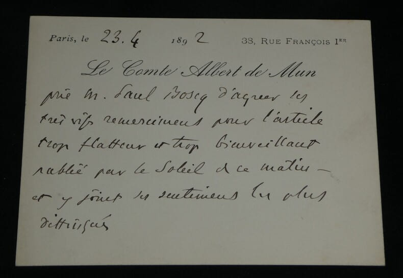 Comte Albert de Mun - Carte lettre autographe remerciement sign&eacute;e &agrave; Paul Boscq. Comte Albert de Mun