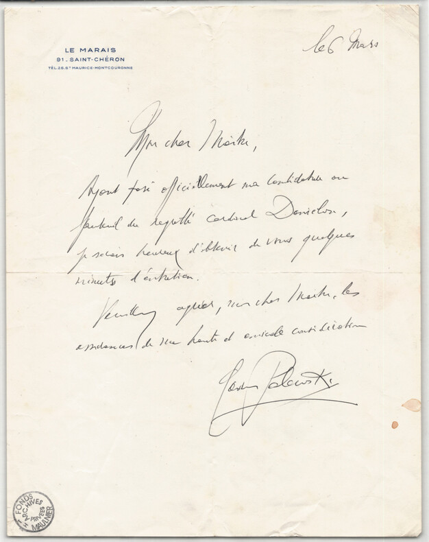 Gaston Palewski - Lettre autographe sign&eacute;e &agrave; Thierry Maulnier "candidature". Gaston Palewski