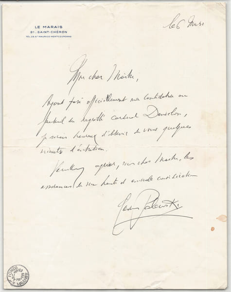 Gaston Palewski - Lettre autographe sign&eacute;e &agrave; Thierry Maulnier "candidature". Gaston Palewski