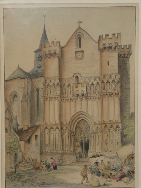 Gravure en couleur de l'&eacute;glise de Candes-Saint-Martin - Indre-et-Loire XIX&egrave;me. 