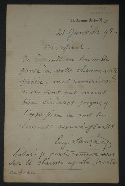 Eug&egrave;ne SAUZAY - Lettre Autographe Sign&eacute;e, 1898, Votre charmante po&eacute;sie. Eug&egrave;ne SAUZAY