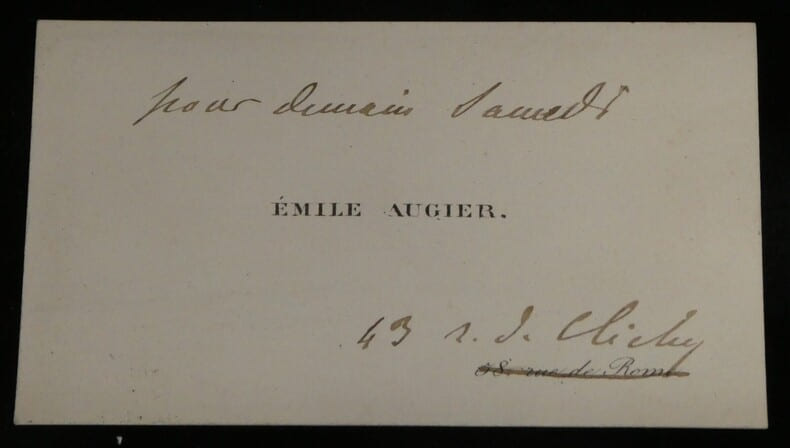 Carte de visite &Eacute;mile Augier – note manuscrite. &Eacute;mile Augier
