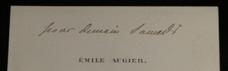 Carte de visite &Eacute;mile Augier – note manuscrite. &Eacute;mile Augier