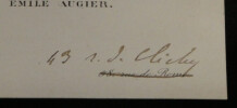 Carte de visite &Eacute;mile Augier – note manuscrite. &Eacute;mile Augier