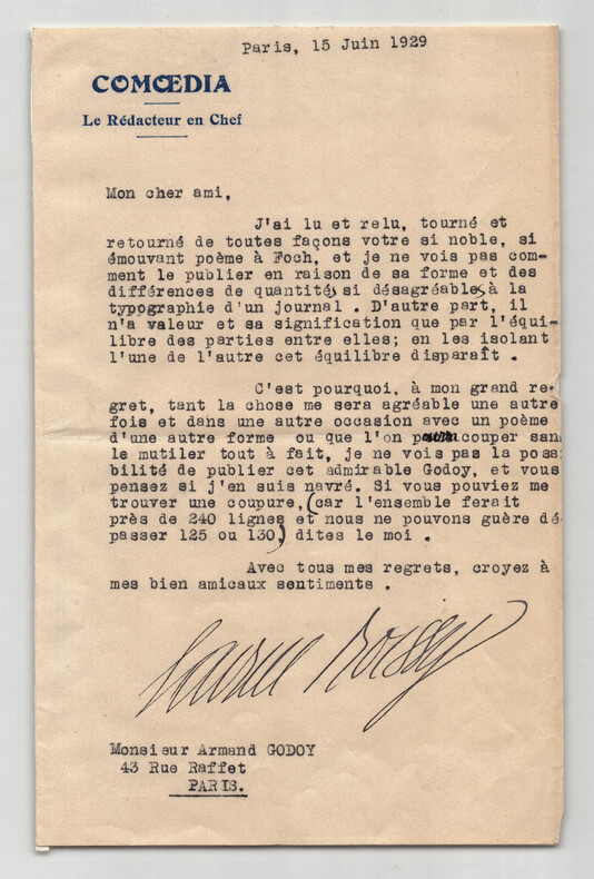 Gabriel Boissy - Lettre dactylographi&eacute;e sign&eacute;e &agrave; Armand Godoy - 1929. Gabriel Boissy
