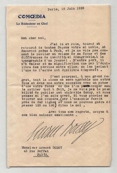 Gabriel Boissy - Lettre dactylographi&eacute;e sign&eacute;e &agrave; Armand Godoy - 1929. Gabriel Boissy