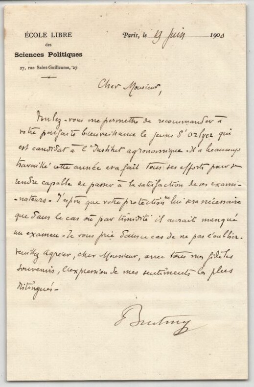 &Eacute;mile Boutmy Fondateur de Sciences Po, Lettre autographe sign&eacute;e 1900 Education. &Eacute;mile Boutmy