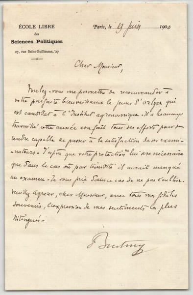 &Eacute;mile Boutmy Fondateur de Sciences Po, Lettre autographe sign&eacute;e 1900 Education. &Eacute;mile Boutmy