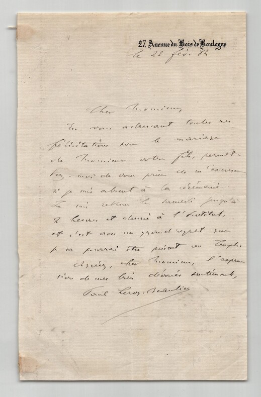 Paul Leroy Beaulieu - Lettre autographe sign&eacute;e - 1882. Paul Leroy Beaulieu
