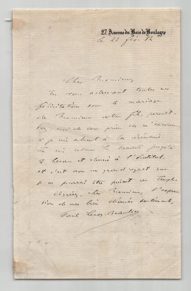 Paul Leroy Beaulieu - Lettre autographe sign&eacute;e - 1882. Paul Leroy Beaulieu