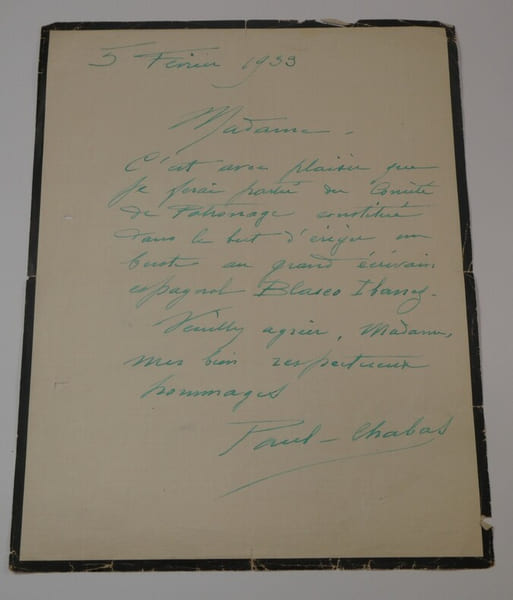 Paul CHABAS - Lettre autographe sign&eacute;e pour un buste de Blasco Ib&aacute;&ntilde;ez, 1933. Paul CHABAS