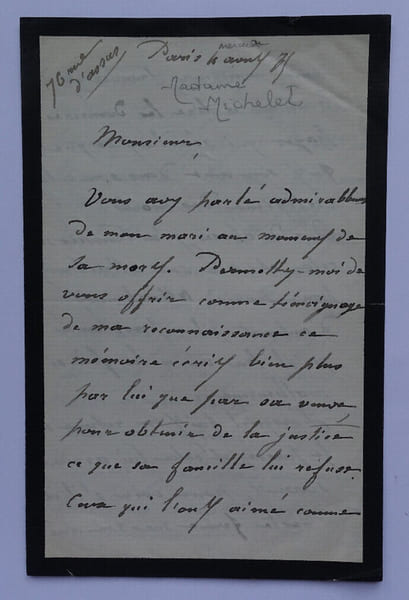 Ath&eacute;na&iuml;s MICHELET n&eacute;e MIALARET, LETTRE AUTOGRAPHE SIGN&Eacute;E, mort de Jules MICHELET. Ath&eacute;na&iuml;s MICHELET n&eacute;e MIALARET