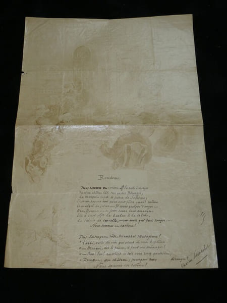 Charles Monselet - Po&egrave;me autographe sign&eacute; sur papier gaufr&eacute; illustr&eacute; - "Rondeau". Charles Monselet