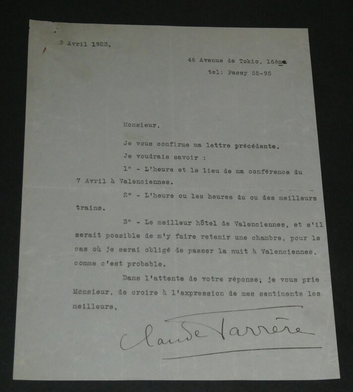 Claude FARR&Egrave;RE Lettre tapuscrit autographe sign&eacute;e 1 page 1923. Claude FARR&Egrave;RE