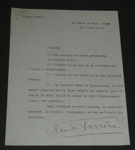 Claude FARR&Egrave;RE Lettre tapuscrit autographe sign&eacute;e 1 page 1923. Claude FARR&Egrave;RE