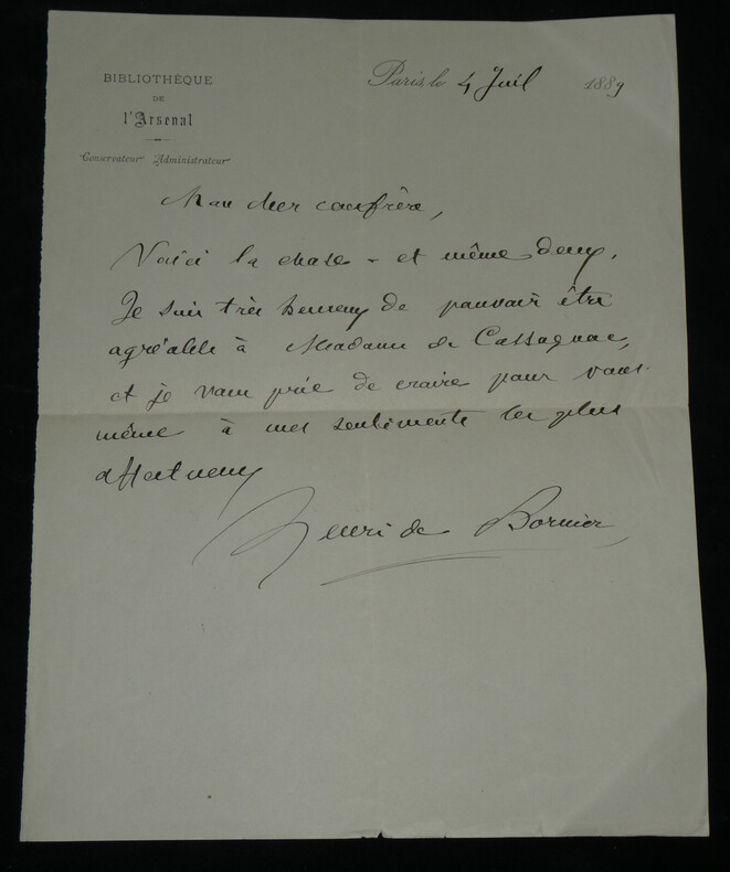 Henri de Bornier - Lettre autographe sign&eacute;e - 1889. Henri de Bornier