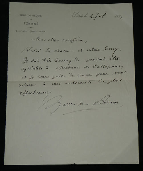 Henri de Bornier - Lettre autographe sign&eacute;e - 1889. Henri de Bornier