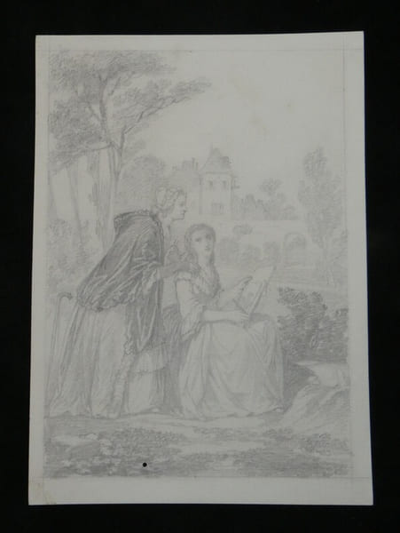 Dessin original au crayon - Sc&egrave;ne bucolique avec deux femmes au jardin, XIX &egrave;me.. Anonyme