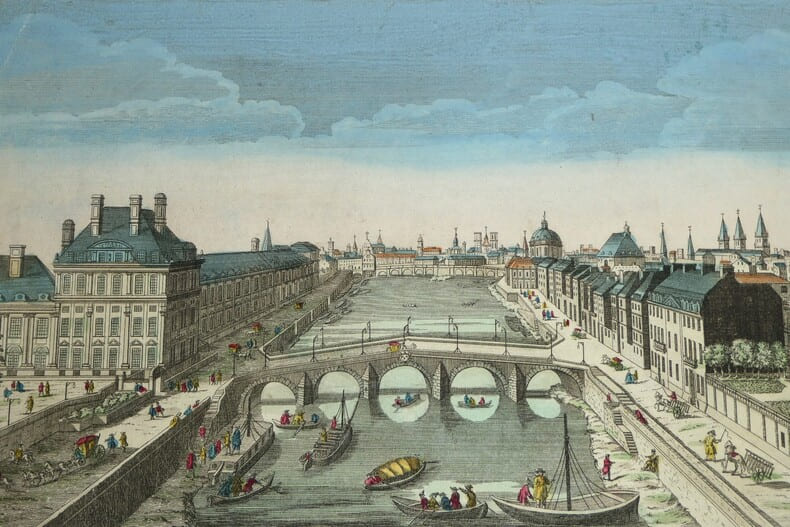 Vue d'optique - Gravure rehauss&eacute;e - Vue du Pont Royal et du Pont Neuf &agrave; Paris. 