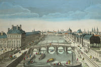 Vue d'optique - Gravure rehaussée - Vue du Pont Royal et du Pont Neuf à Paris