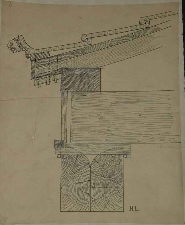 Coupe sur l'entablement d'un portique en bois rationnellement construit — Dessin original sign&eacute;, encre, vers 1930. Louis Henri Laffill&eacute;e