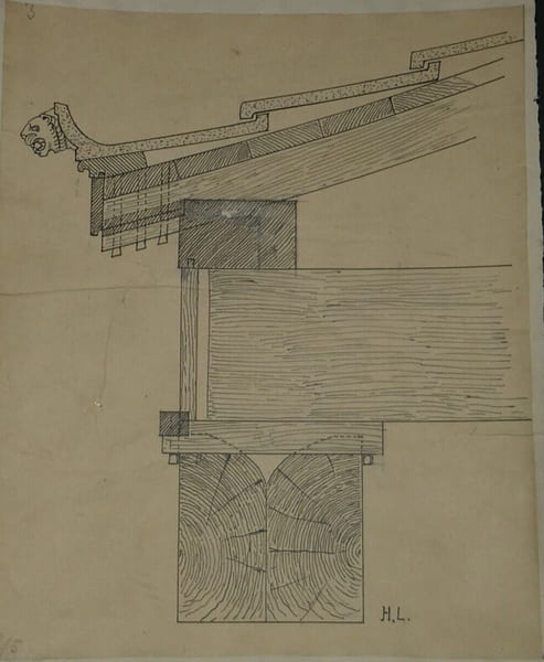Coupe sur l'entablement d'un portique en bois rationnellement construit — Dessin original sign&eacute;, encre, vers 1930. Louis Henri Laffill&eacute;e