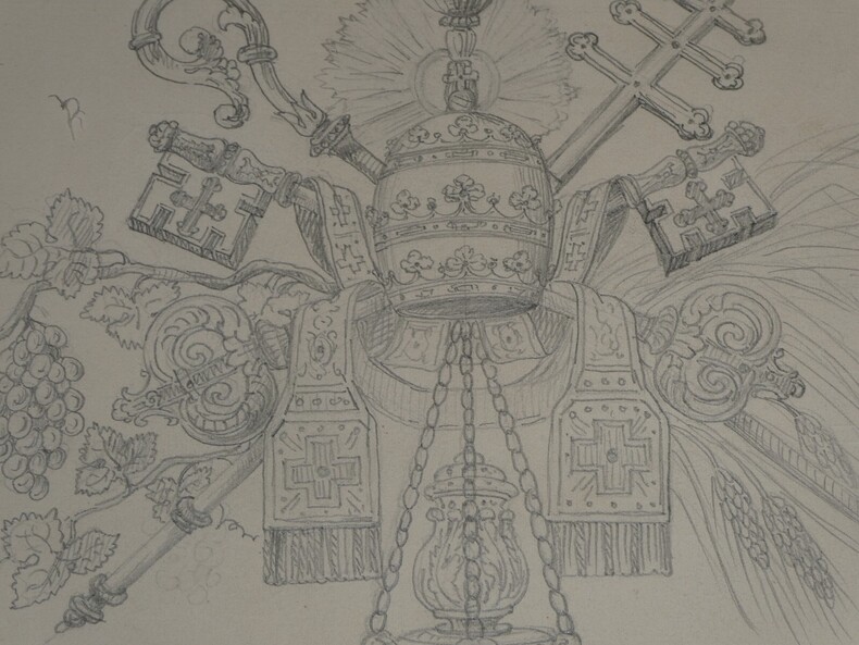 Dessin au crayon, fin XIX&egrave;me, Garret, d&eacute;corateurs, Vesoul, Symboles &eacute;glise. Famille Garret
