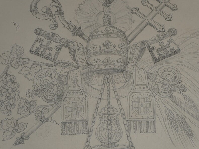 Dessin au crayon, fin XIX&egrave;me, Garret, d&eacute;corateurs, Vesoul, Symboles &eacute;glise. Famille Garret
