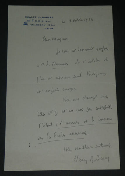 Henry BORDEAUX, Avocat et romancier - LETTRE AUTOGRAPHE SIGN&Eacute;E, 1924, Chamb&eacute;ry. Henry Bordeaux