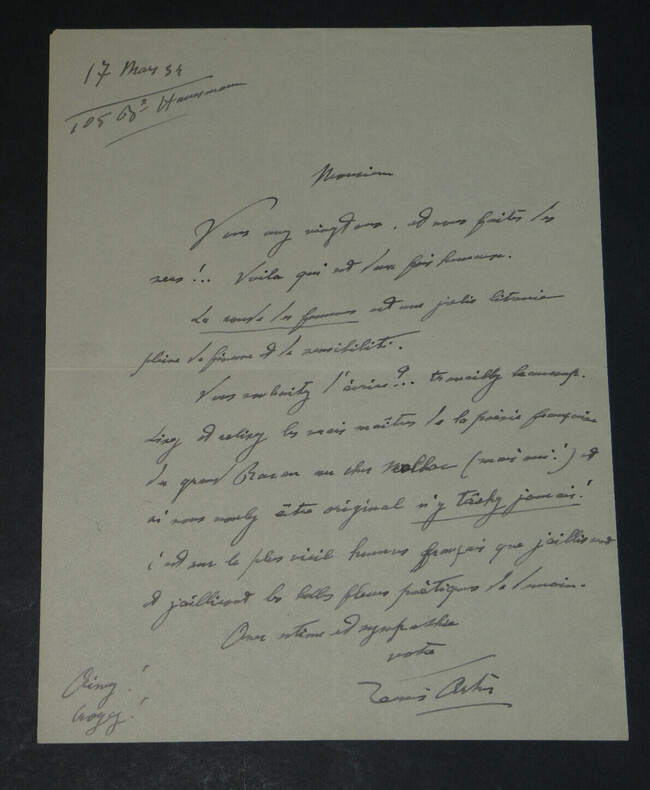 Louis ARTUS - LETTRE AUTOGRAPHE SIGN&Eacute;E &Agrave; LHOSTE "Travaillez beaucoup" 1934. Louis ARTUS