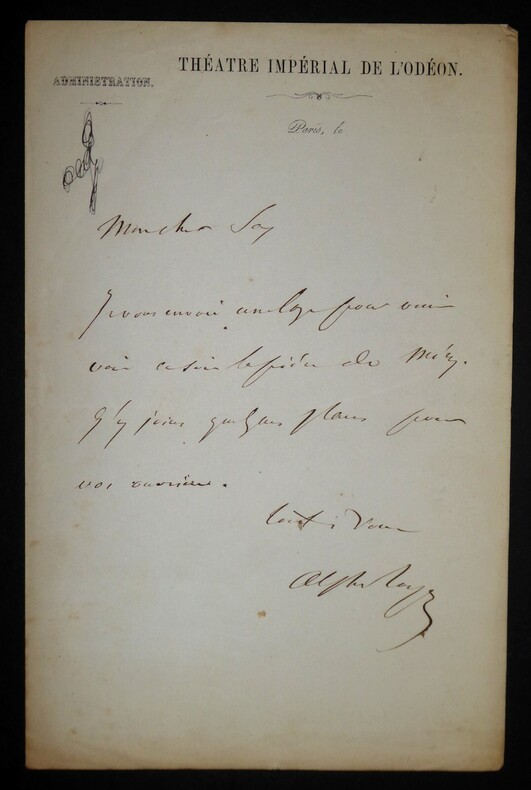 ROYER Alphonse - LETTRE AUTOGRAPHE SIGN&Eacute;E, TH&Eacute;&Acirc;TRE IMP&Eacute;RIAL OD&Eacute;ON, PARIS. Alphonse Royer