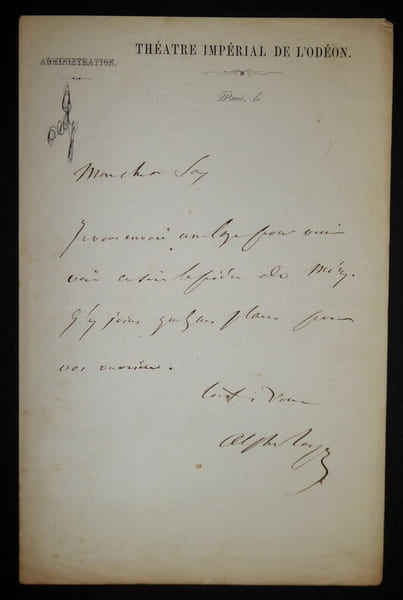 ROYER Alphonse - LETTRE AUTOGRAPHE SIGN&Eacute;E, TH&Eacute;&Acirc;TRE IMP&Eacute;RIAL OD&Eacute;ON, PARIS. Alphonse Royer