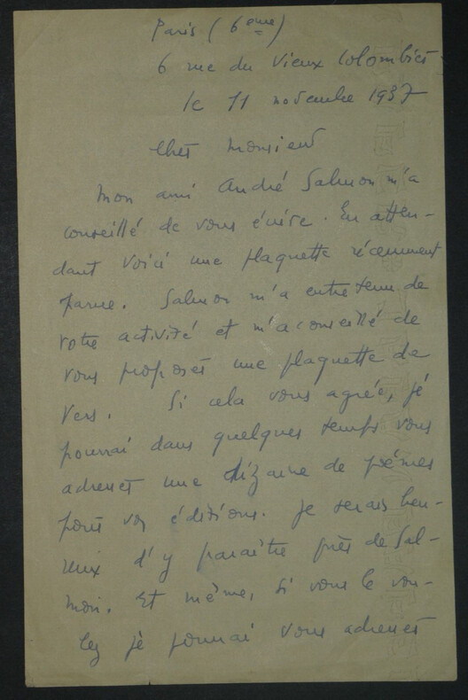 Maurice FOMBEURE - Lettre Autographe Sign&eacute;e "Andr&eacute; Salmon m'a conseill&eacute;", 1937. Maurice FOMBEURE