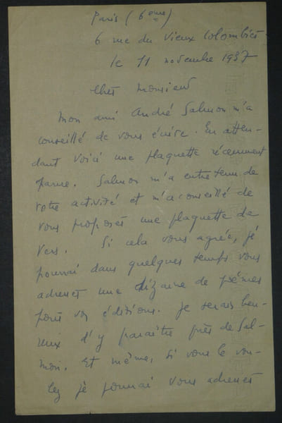 Maurice FOMBEURE - Lettre Autographe Sign&eacute;e "Andr&eacute; Salmon m'a conseill&eacute;", 1937. Maurice FOMBEURE