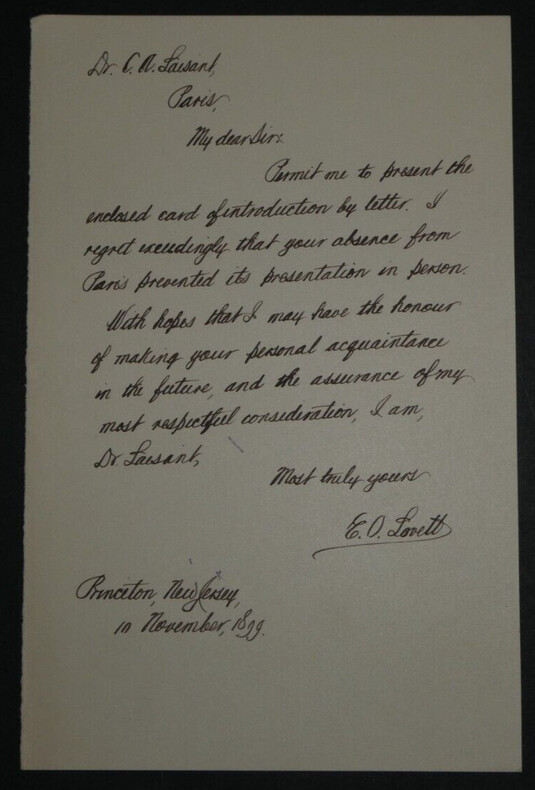 Edgar Odell LOVETT - LETTRE AUTOGRAPHE SIGN&Eacute;E A C.A. LAISANT, Princeton, 1899. Edgar Odell LOVETT
