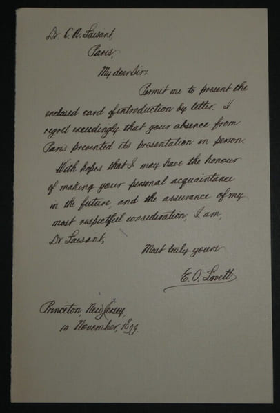 Edgar Odell LOVETT - LETTRE AUTOGRAPHE SIGN&Eacute;E A C.A. LAISANT, Princeton, 1899. Edgar Odell LOVETT