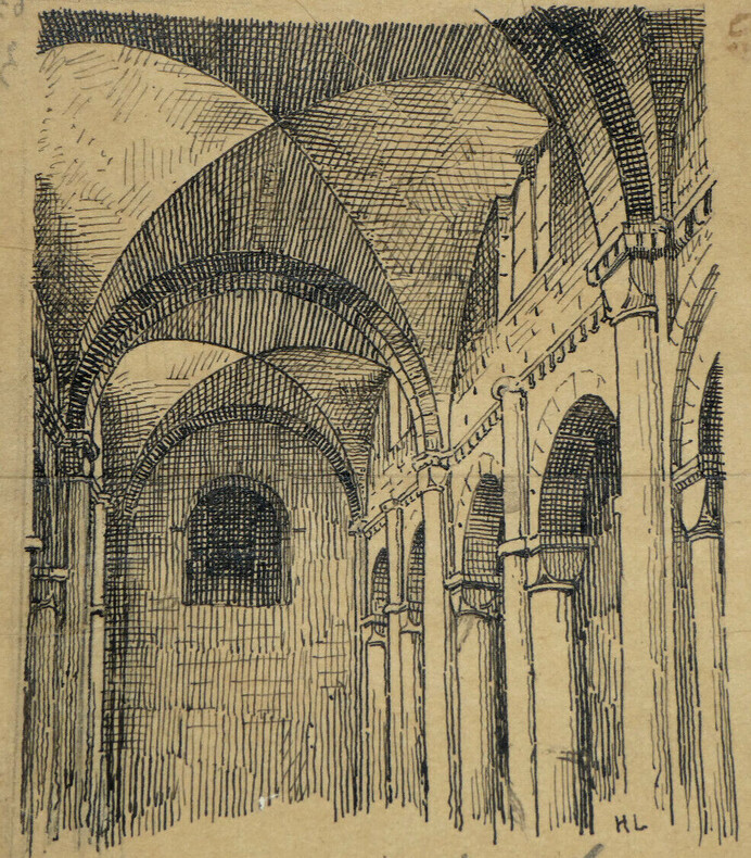 Vo&ucirc;te d'ar&ecirc;te &agrave; la romaine &agrave; l'&eacute;glise Notre-Dame de Saint-Di&eacute; - Dessin original sign&eacute;. Louis Henri Laffill&eacute;e