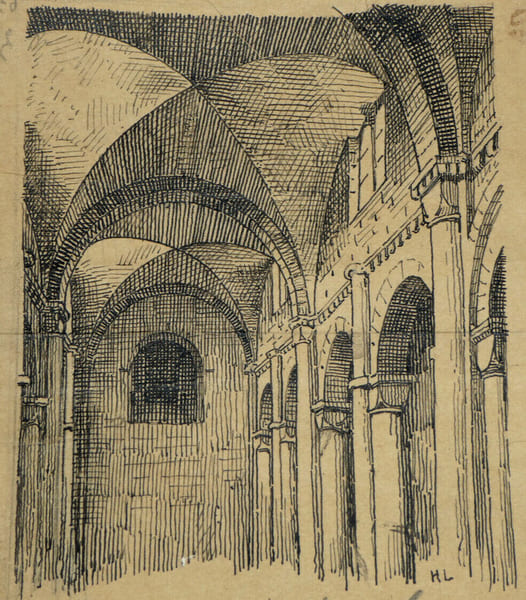 Vo&ucirc;te d'ar&ecirc;te &agrave; la romaine &agrave; l'&eacute;glise Notre-Dame de Saint-Di&eacute; - Dessin original sign&eacute;. Louis Henri Laffill&eacute;e