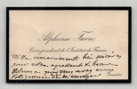 Alphonse Favre - Carte de visite autographe de remerciements. Alphonse Favre