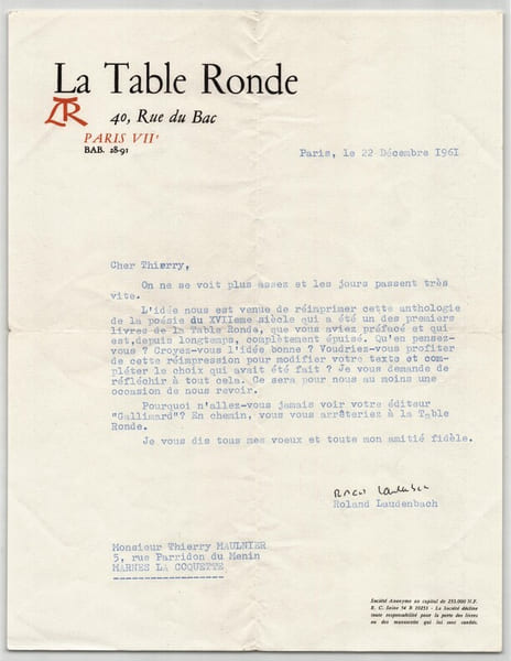 Roland Laudenbach - Lettre dactylographi&eacute;e sign&eacute;e &agrave; Thierry Maulnier - Po&eacute;sie du XVIIe. Roland Laudenbach