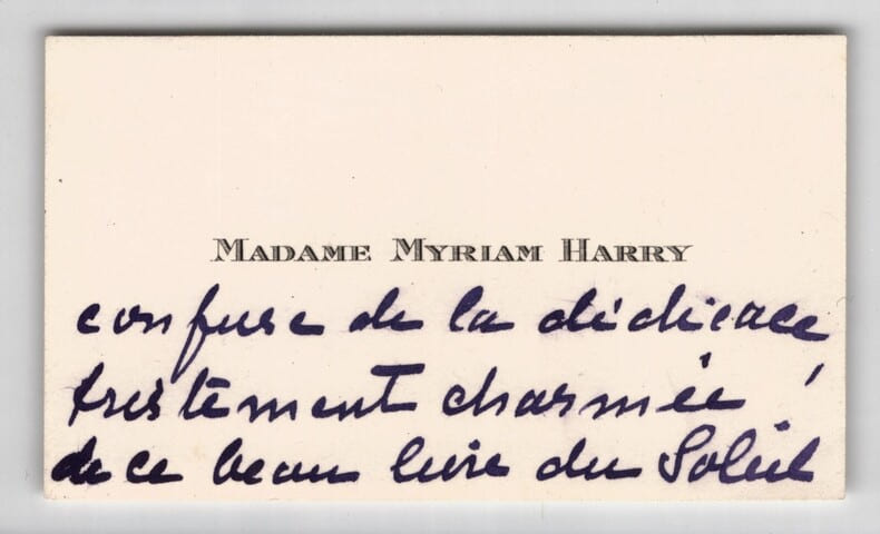 Myriam Harry - Carte de visite autographe de remerciement avec paraphe. Myriam Harry